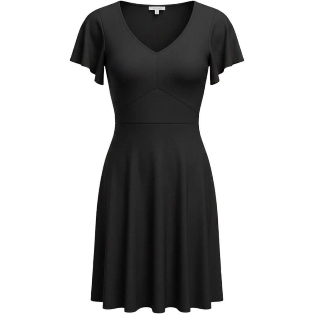 Unique Vintage Skater Dress Womens S/4 Black Flutter Sleeve V-Neck Retro A-Line